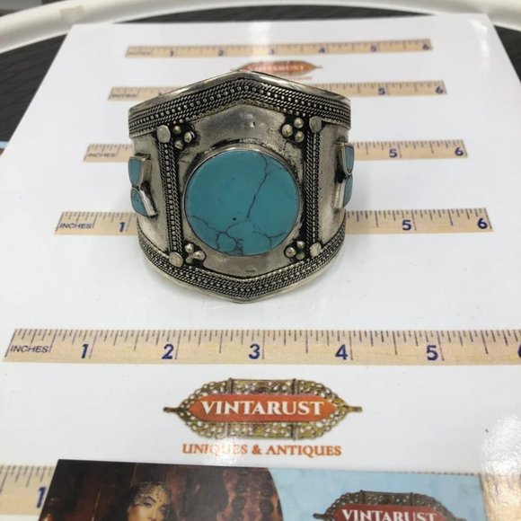 single Afghan Turquoise Stone Cuff Bracelet, Boho Cuff - Picture 2 of 5